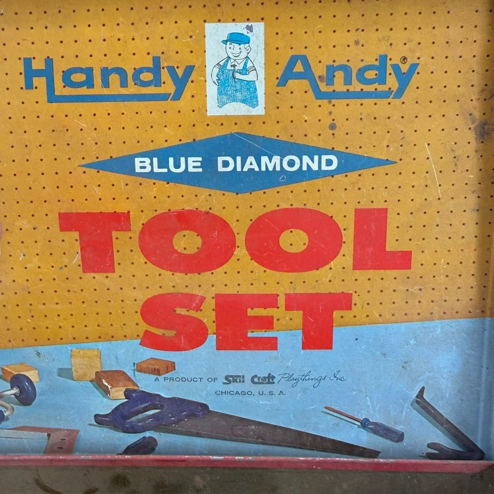 Vintage‎ Handy Andy Blue Diamond Toy Tin Tool Set W Real Tools 50's USA